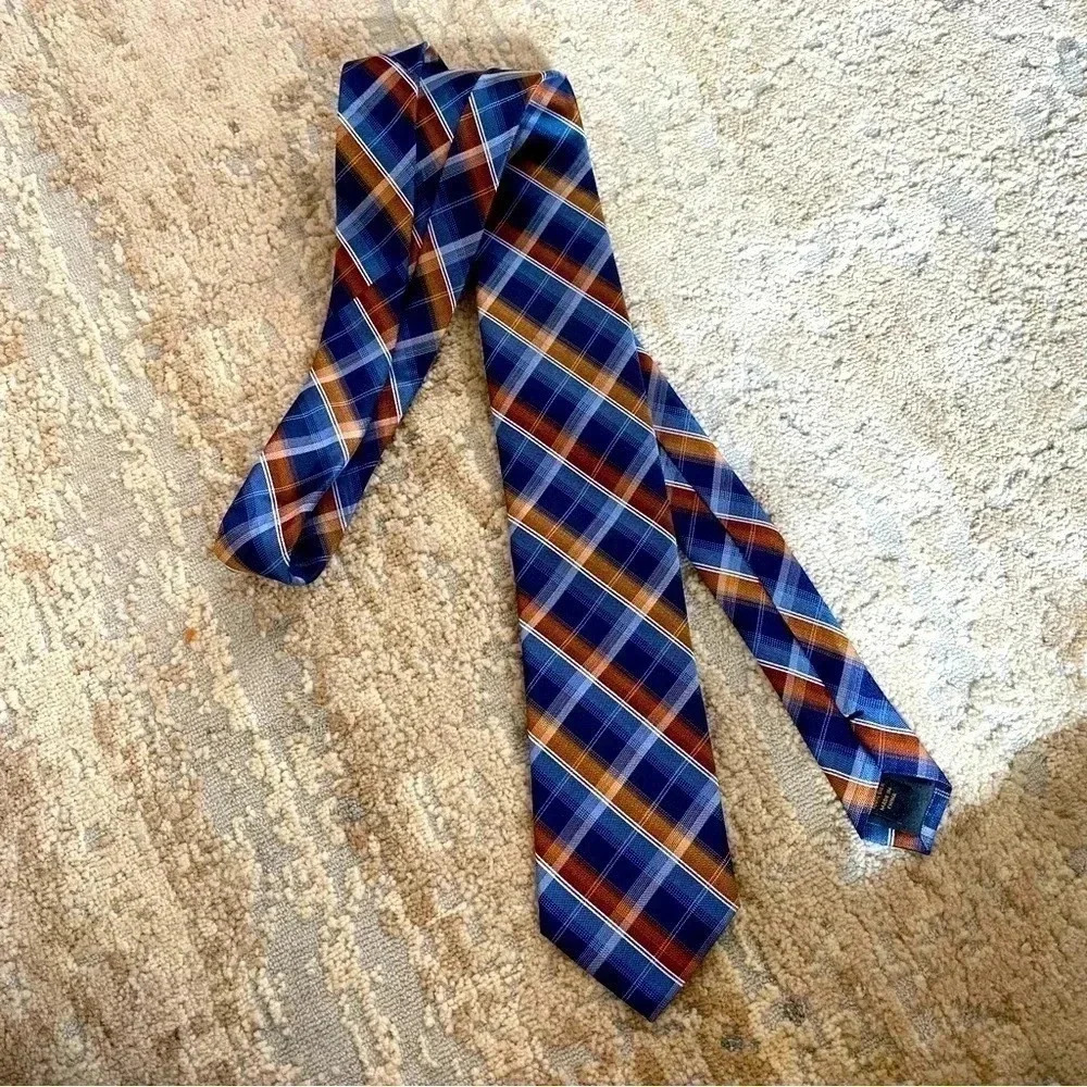 Jos. A. Bank 100% Silk Neck Tie Plaid Blue Orange